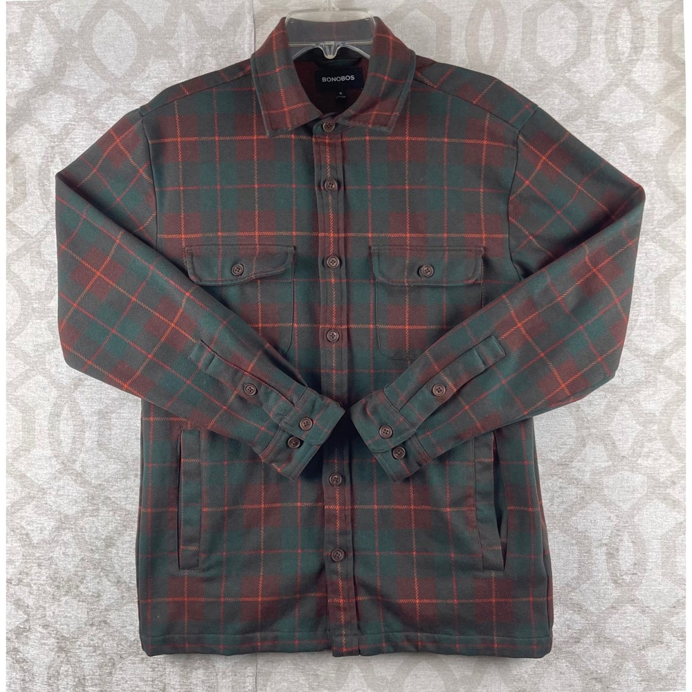 Bonobos Shirt Jacket Mens Medium Green Red Plaid Excellent Stretch Shacket